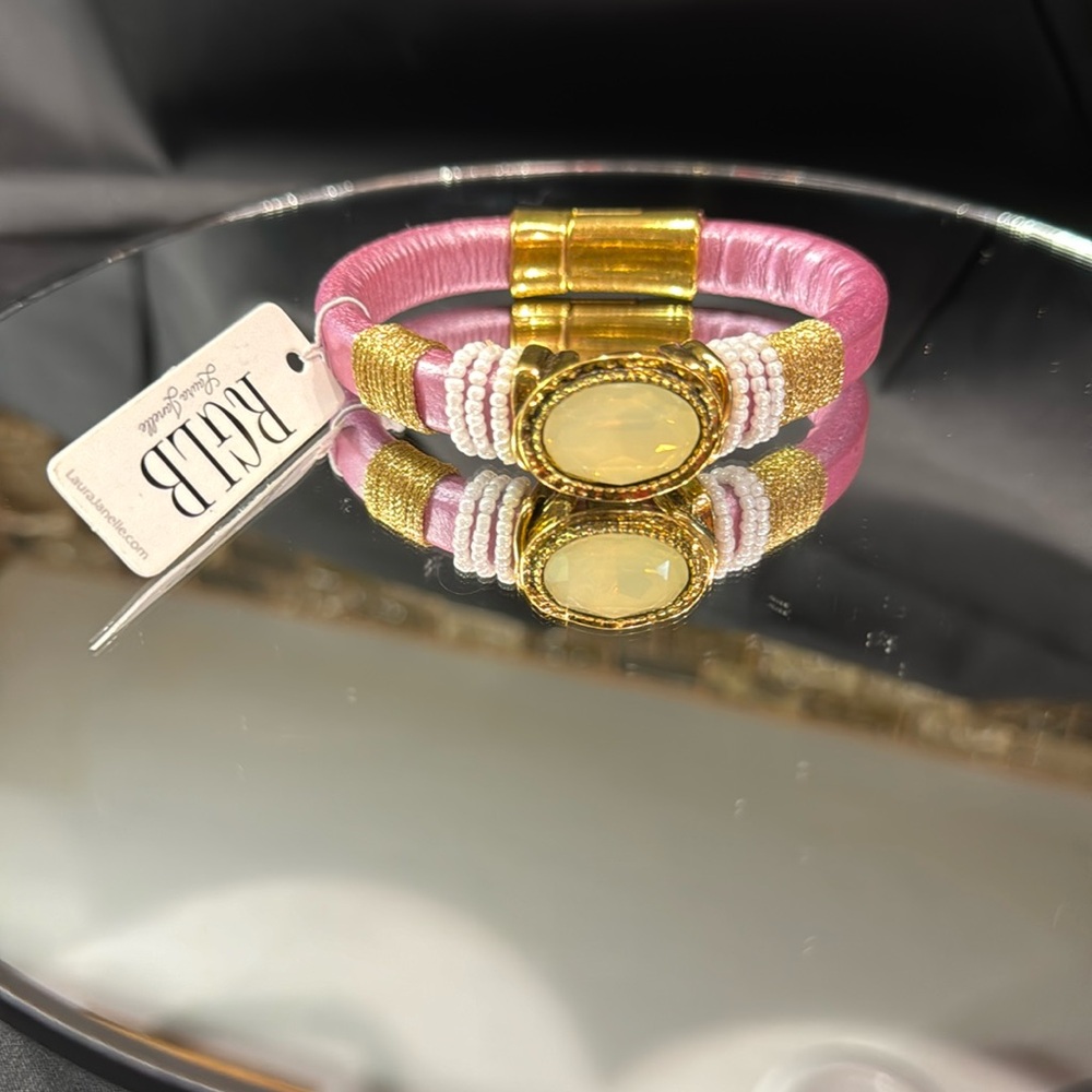 Laura Janelle stamped Rose pink bracelet with magnetic brass closure
